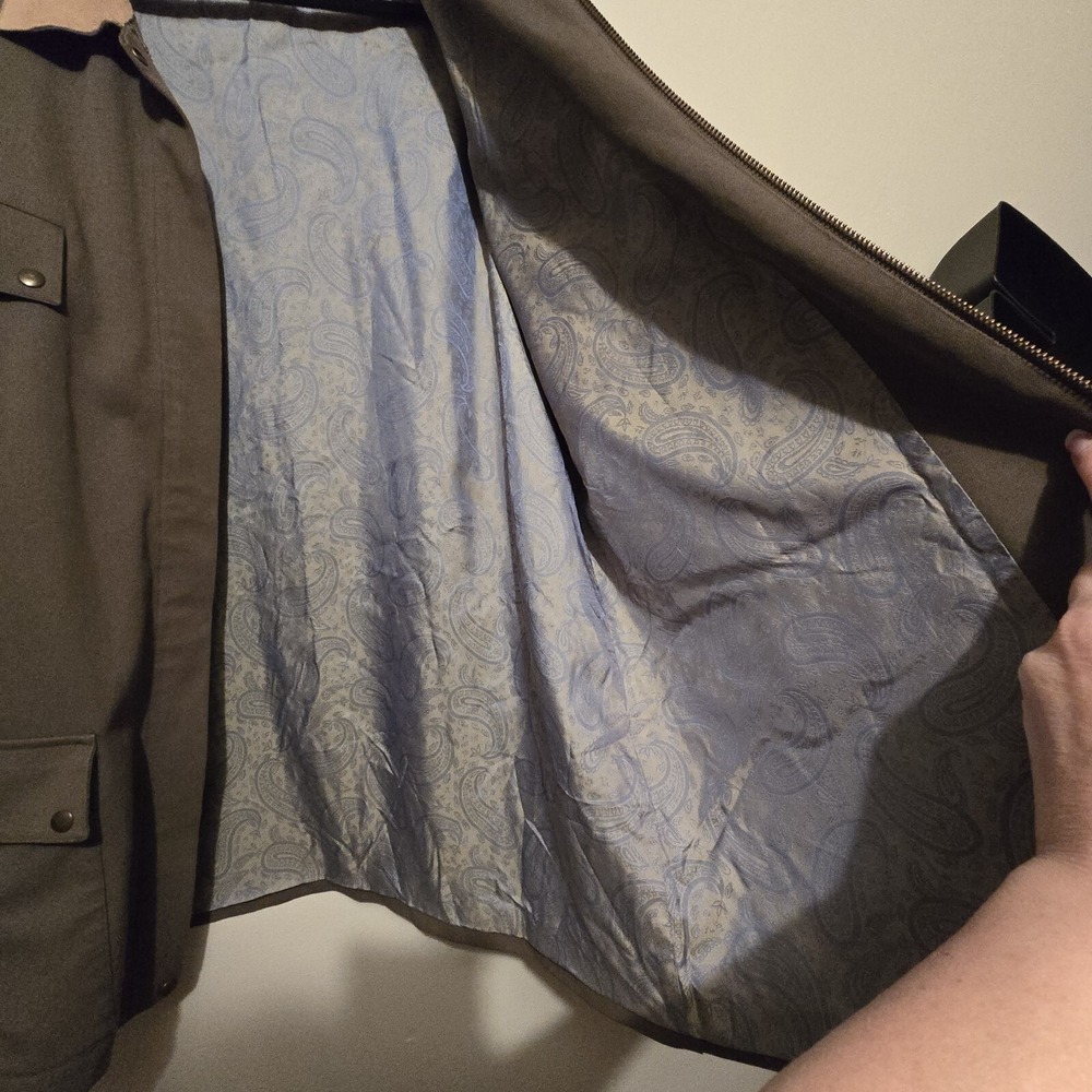 Austin Reed Field Jacket XL‎ Chore Barn Coat Olive Leather Collar Elbow Gorpcore - Picture 16 of 16